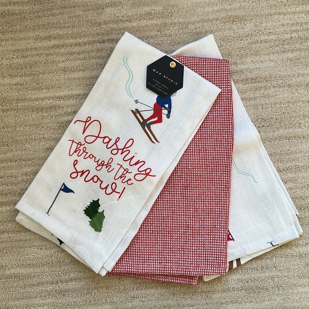 Set of 3 Max Studio Dashing Through the Snow Skier holiday themed kitchen towels